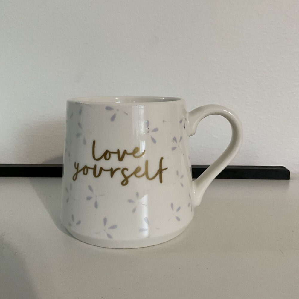 Threshold Mug "Love Yourself" Cream with Blue Flowers Gold Colored 16oz Wording